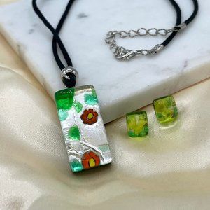 Italian Murano Glass Pendant Necklace & Earrings Set In Sterling Silver